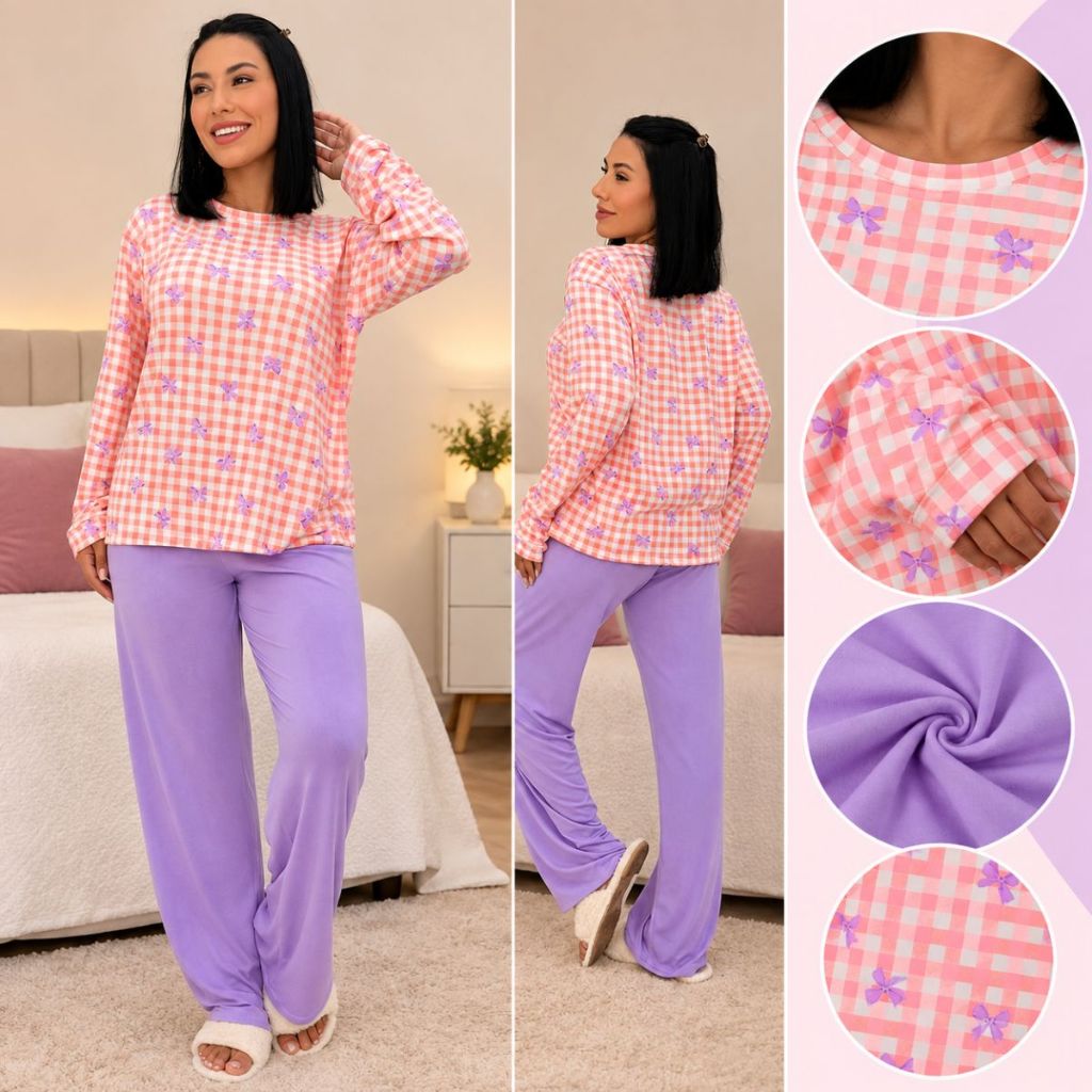 Pijama Longo Feminino Suede Inverno Manga Longa Super Confortável