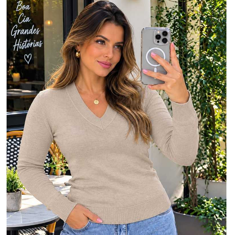 Blusa Feminina Decote V Inverno Tricô Tricot Elegante Versátil Elastano Básico