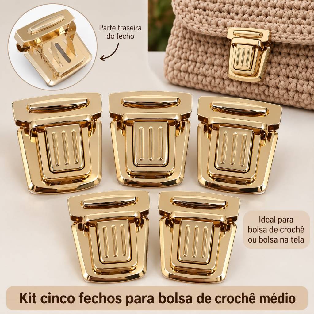 Fechos em Metal Para Bolsas de Crochê Kit 5 Unidades Dourados