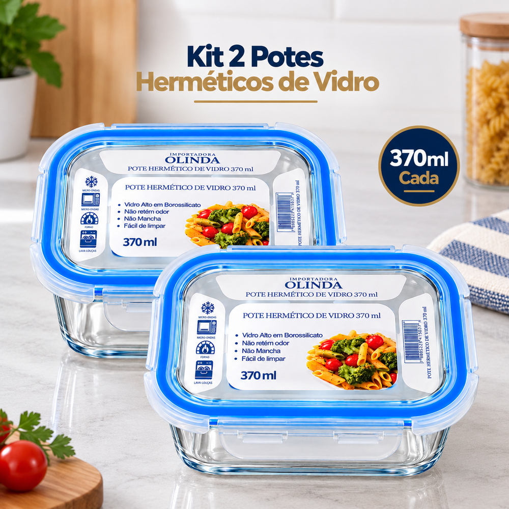 Kit 2 Potes Herméticos de Vidro 370ml com Tampa e Travas para Marmita, Pote Hermético Retangular