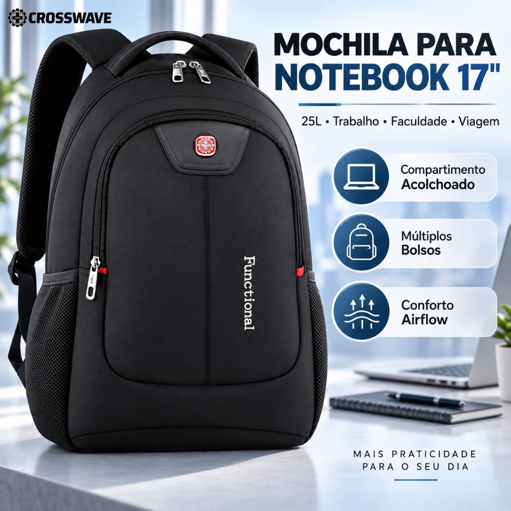 Mochila para Notebook 17” Crosswave 25L Executiva com Divisórias Airflow e Bolsos Laterais