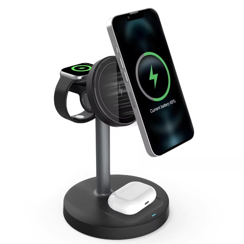 Carregador Sem Fio Magnético 3 em 1 15W Anatel Suporte Ajustável para Celular Fone Smartwatch Indução