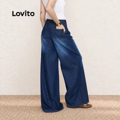 Lovito Calça Jeans Larga Cintura Regular Baggy Feminina Moda Casual JNB20482078