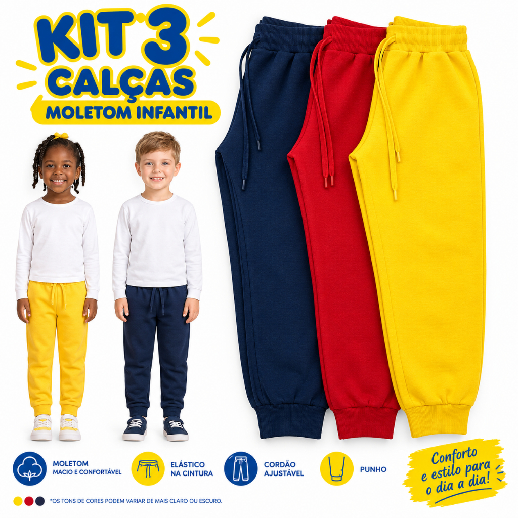 Kit 3 Calça Moletom Infantil Menino Grosso Infantil 4 A 8 Anos | Unissex