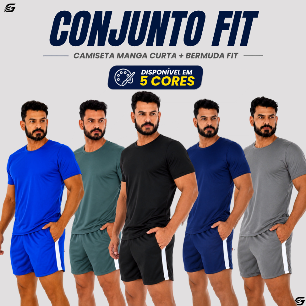 Conjunto Masculino Fitness Camiseta Manga Curta Bermuda Fit Treino Academia Dia A Dia