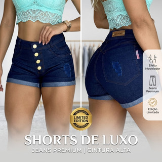 Short Jeans Feminino Escuro Cintura Alta Com Botões Lycra Levanta Bumbum Destroyed.