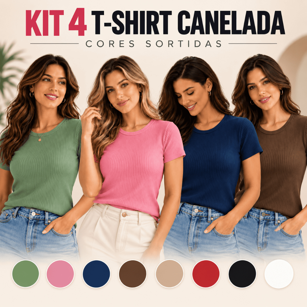 COMBO 4 T-SHIRT CORES SORTIDAS MALHA CANELADA BLUSA FEMININA VERÃO CASUAL TRABALHO COMBO PERFEITO QUALIDADE PREMIUM