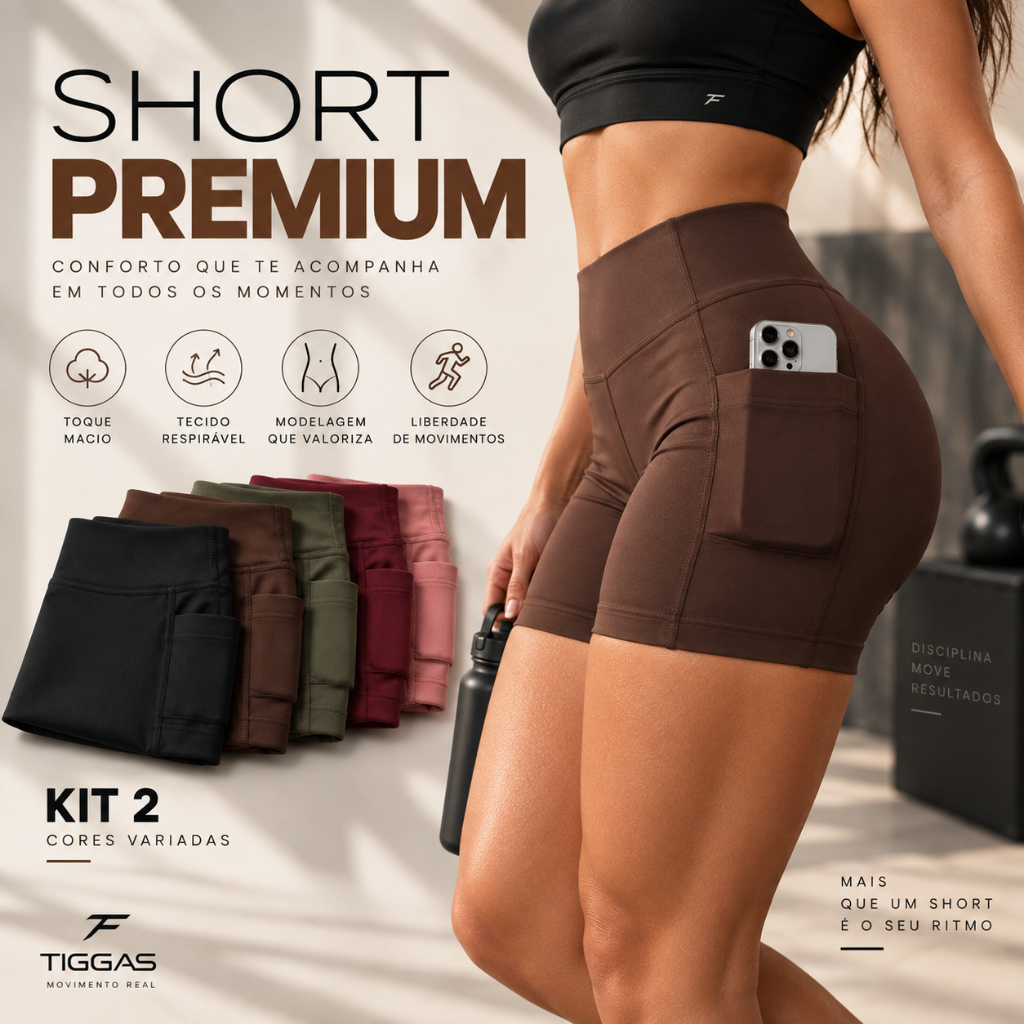Kit 2 ou 1 Shorts Bolso Lateral Academia Feminino Fitness Poliamida C/ Elastano Cintura Alta