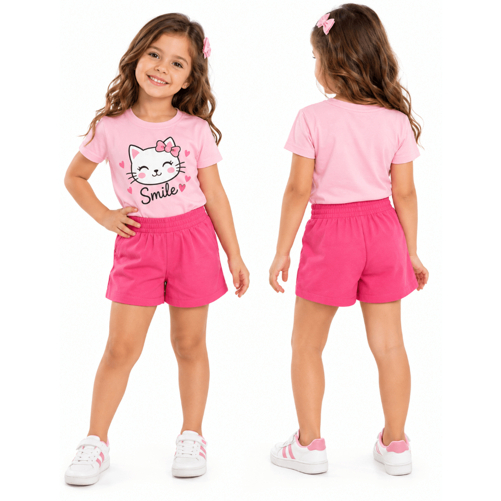 Kit Sortido 4 Peças Verão Coleção 2 Conjuntos Infantil Feminino/Menina Blusas + Shorts Infantil 100% Algodão 1 ao 8 Anos