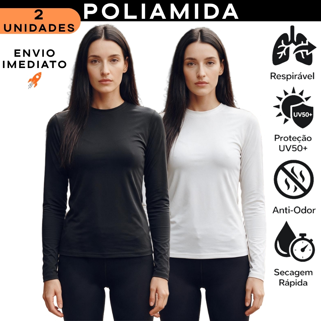 Kit 2 Blusa Térmica Feminina Poliamida Anti Odor Manga Longa Proteção Uv50+ Microfibra Tecido Gelado