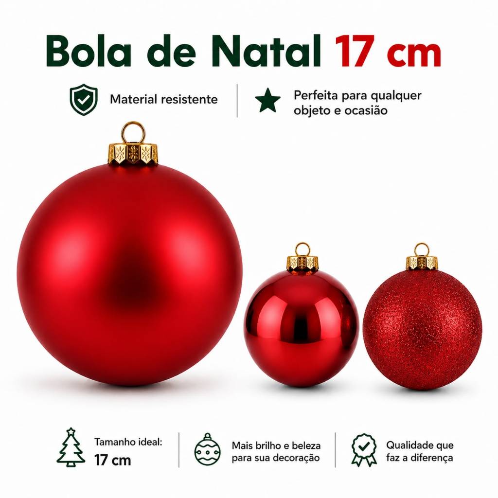Kit com 3 Bolas de Natal 17 cm Vermelho | Lisa, Fosca e Glitter Transforme sua decoração natalina