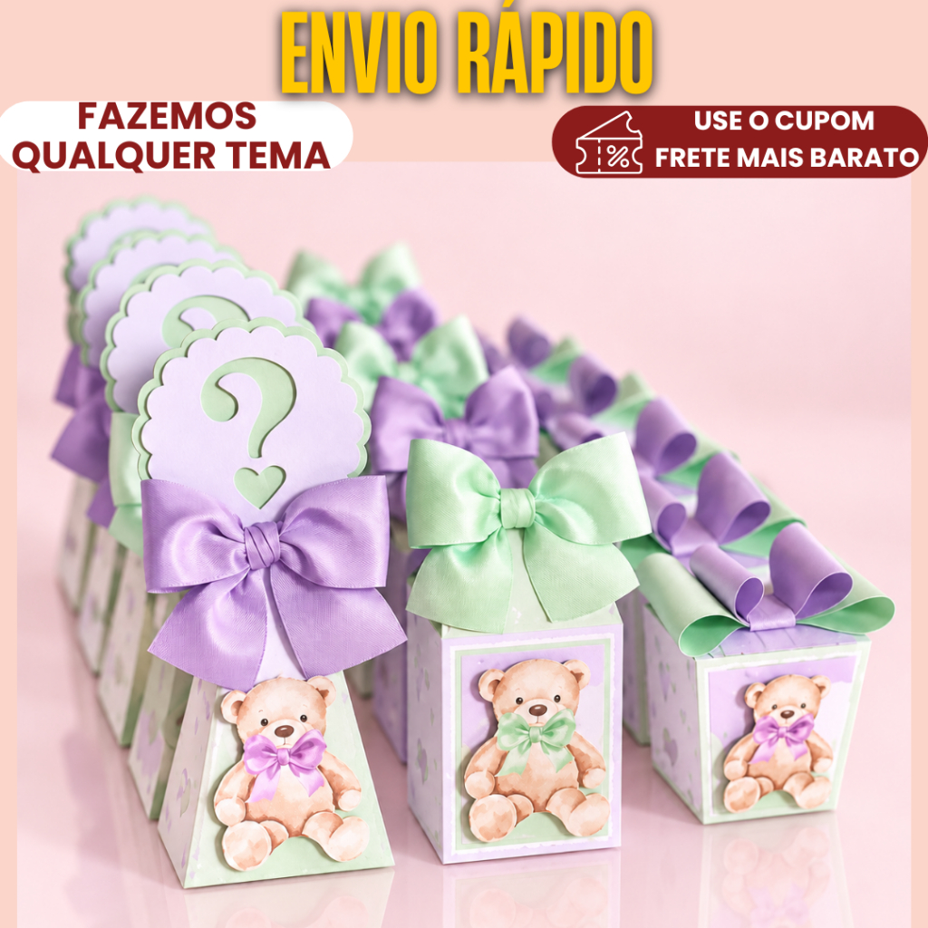 Lembrancinha Personalizada Chá de Revelação Lilás e verde ursinho | COM APLIQUE 3D/ Caixinhas fofinhas - PEGUE E MONTE