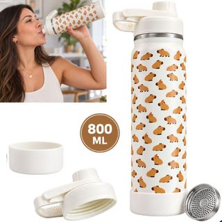Garrafa Térmica 800ml Capivara Feminina Squeeze para Academia Inox com Tampa Alça e Base Silicone