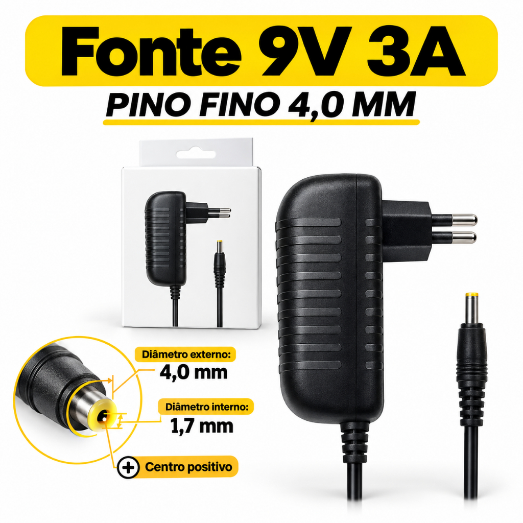 Fonte Carregador 9V 3A Para Caixa de Som Pino Fino 4.0mm