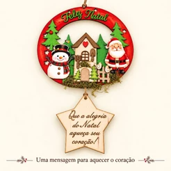 GUIRLANDA FELIZ NATAL PAPAI NOEL BONECO DE NEVE COM MENSAGEM NA ESTRELA PRONTA PARA DECORAR A 35 x25cm