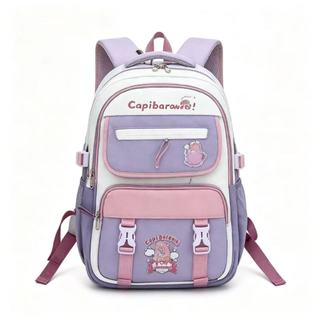 Mochila Escolar Menina, Design Color Block, Estampa Capivara, Multi Compartimentos, Grande Capacidade, Alças Confortávei
