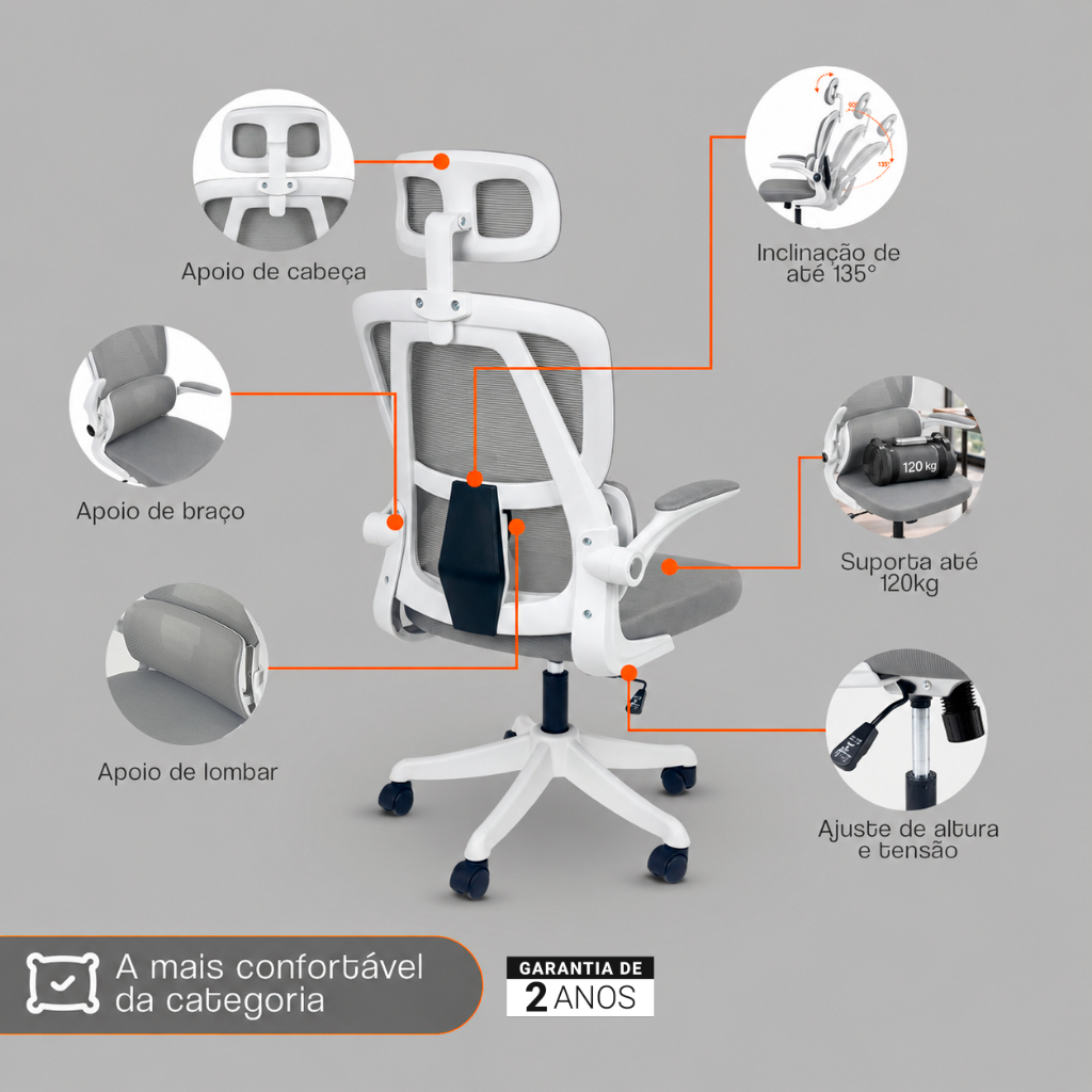 Cadeira Presidente Legacy Ergonômica Tela Mesh Apoio de Cabeça Ajustável Sistema Relax Suporta até 120kg Cinza · foto 2