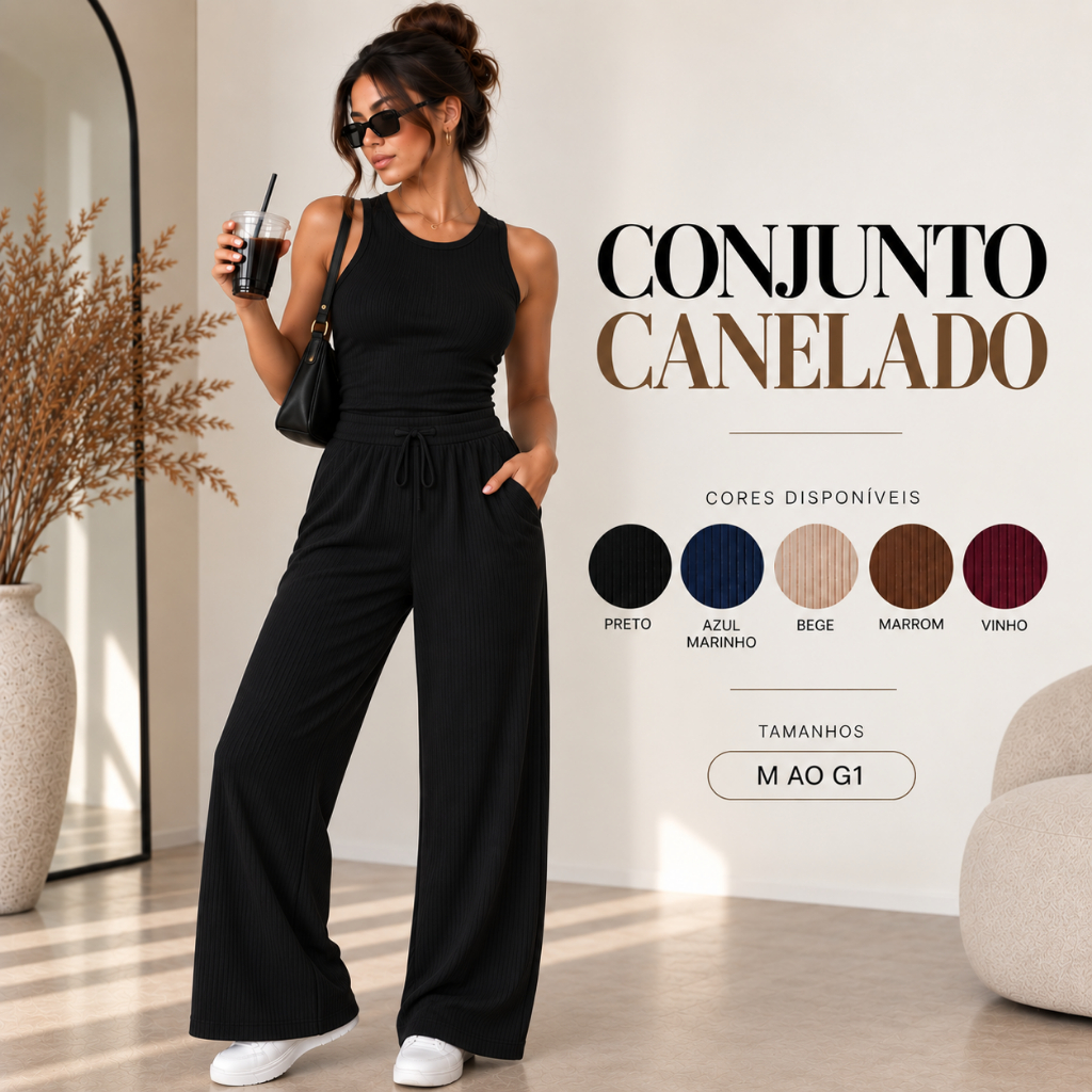 Conjunto Canelado Calça Pantalona Wide Leg Com Bolso Regata Feminina