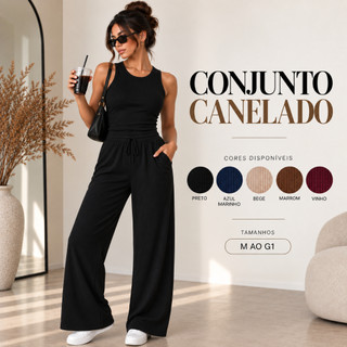 Conjunto Canelado Calça Pantalona Wide Leg Com Bolso Regata Feminina