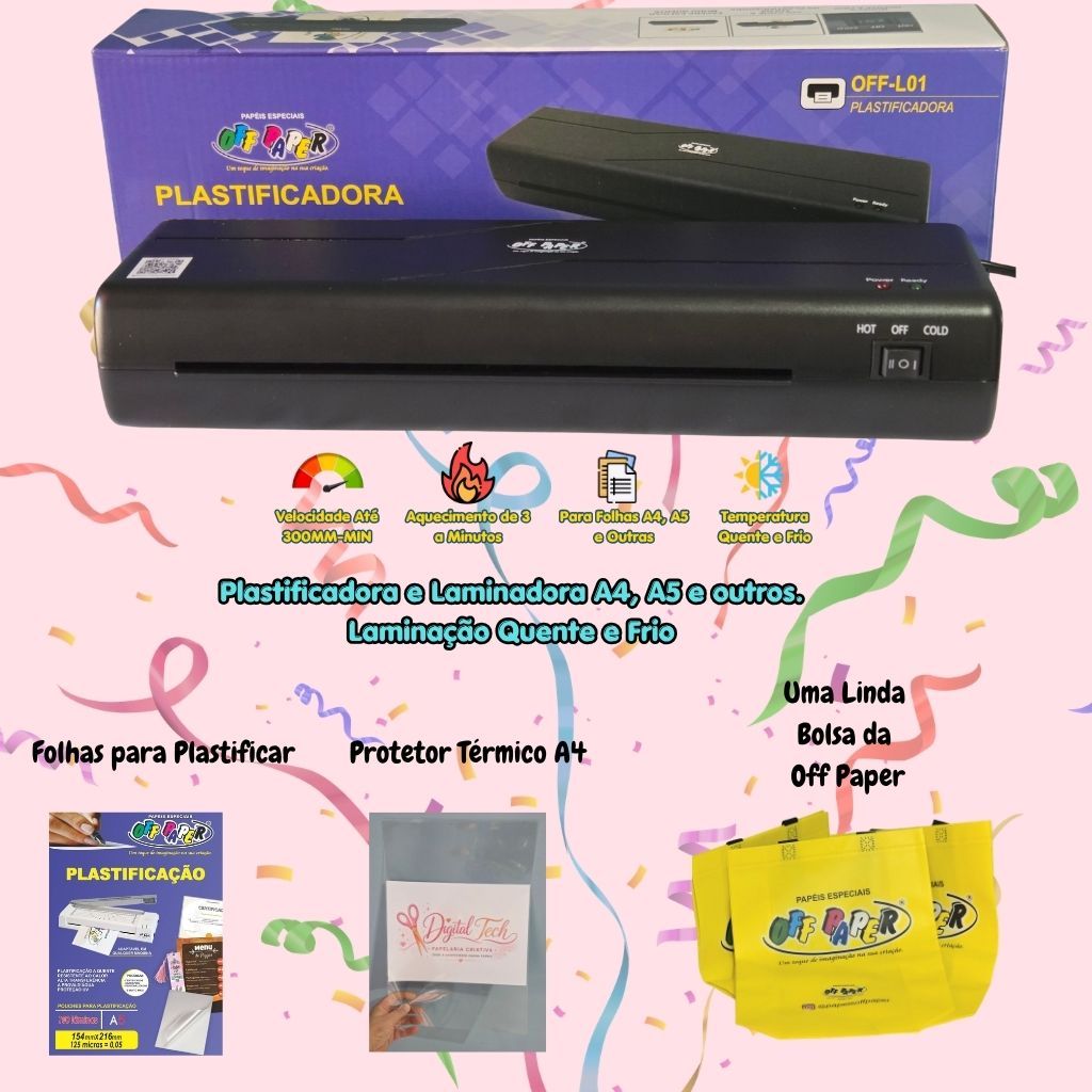 Plastificadora e Laminadora A4 A5 A6 Quente e Frio Off Paper + Protetor Térmico A4