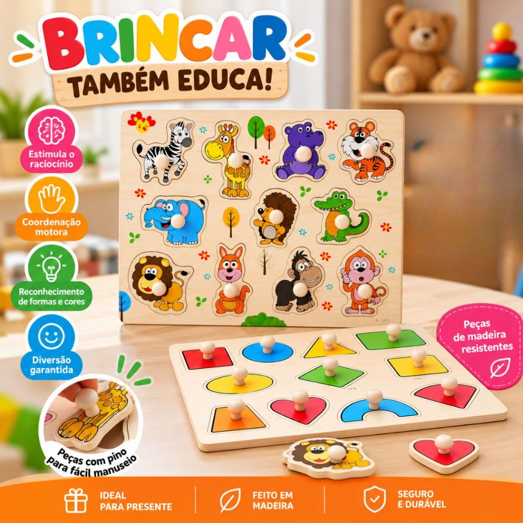 Brinquedo Encaixe Frutas Transporte Animais Madeira Quebra Cabeça Educativo Pedagógico Com Pinos MDF