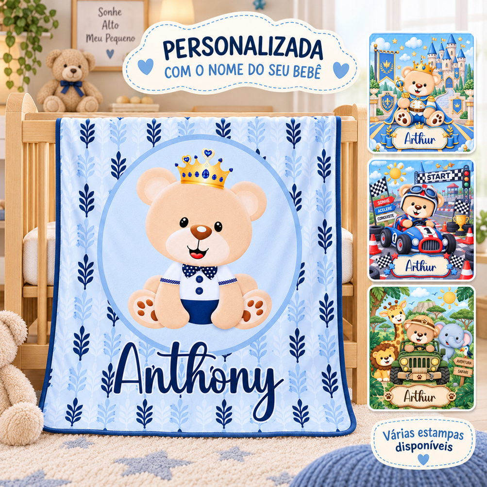 Manta Bebê Personalizada com Nome Dupla Face Tipo Cueiro Ursinhos príncipe marinheiro aviador etc
