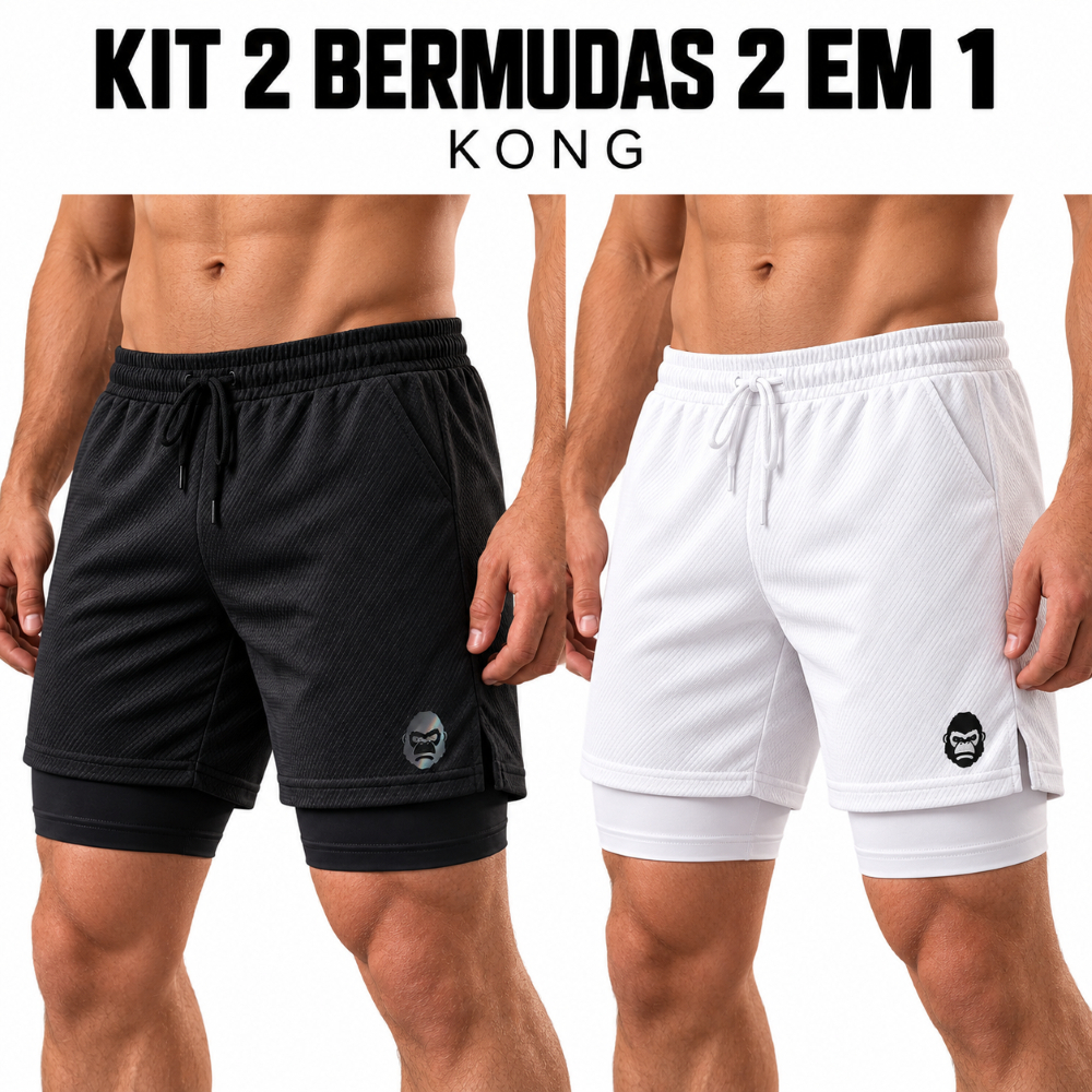 Kit 2 Bermudas Masculinas 2 em 1 Dry Fit com Compressão e Bolso Celular para Academia Corrida Treino