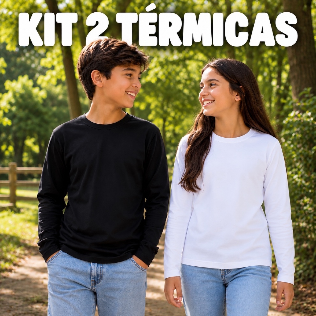 Kit 2 Blusa Térmicas Infantil e Juvenil Peluciada Manga Longa Unissex Inverno Frio Preta e Branca | Tam 4 ao 14 anos