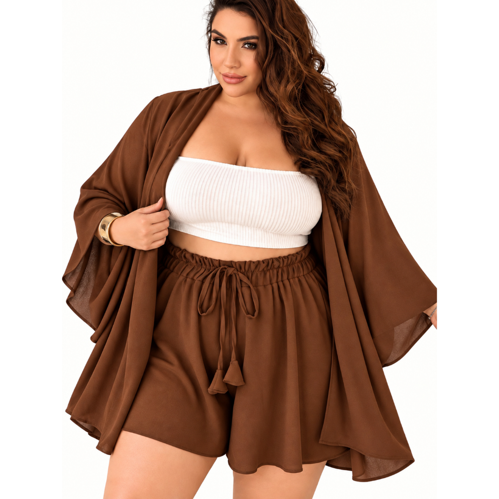 Conjunto Plus Size Feminino Kimono e Shorts Soltinho Cintura Alta Elegante Verão