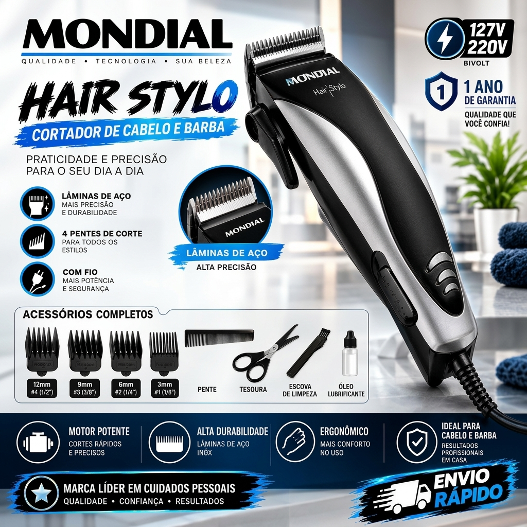 maquina de cortar cabelo e barba 220V/127V Mondial Hair Stylo CR-02  Lamina de Aco 4 Pentes e acessorios