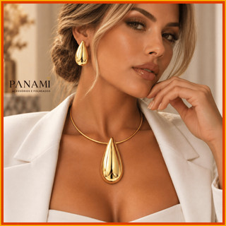 Conjunto Feminino Colar e Brinco Gota dourado Maxi Acessório Elegante Festa