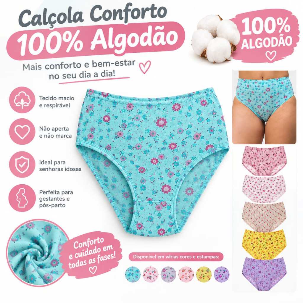 Calçola Senhora  100% Algodão Kit c/6 Unid Calcinha Gestante Pós Parto Confortável Estampada