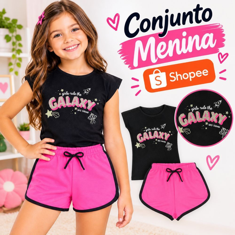 Conjunto Infantil Menina Verão Blusa Meia Malha Estampa Galaxy + Shorts Moletinho Tamanho 4 ao 14