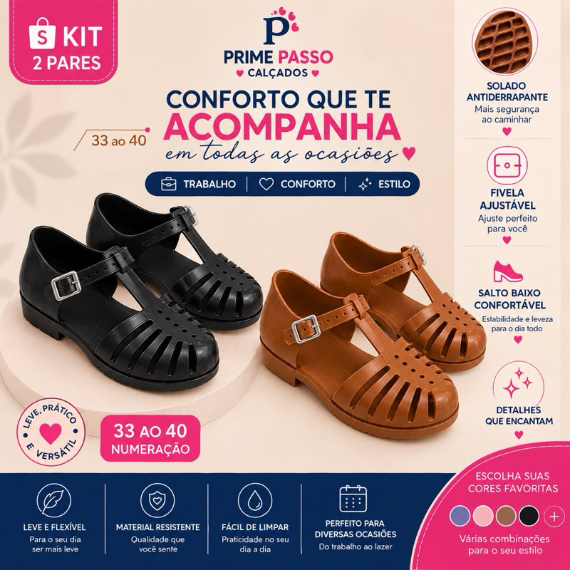Sandália Adulta, kit 2 pares, conforto o dia todo, várias ocasiões, formal e estiloso, do 33 ao 40