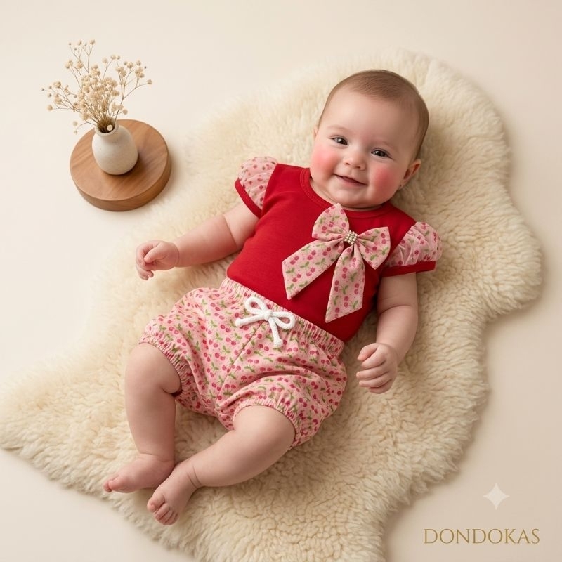 Conjunto Bebe Blusa com Laço e Short Estampado Veste Roupa para Bebe Menina
