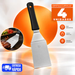 Kit 4 Unidades Espátula Curva Preta 2,5 Inox Para Hambúrguer Crepe Chapa Lanches Restaurantes Revenda Atacado