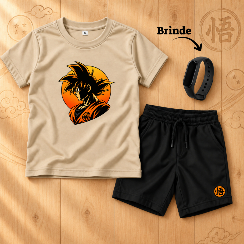 Conjunto Infantil Masculino Goku Dragon Ball Camiseta + Bermuda + Relógio Brinde Menino