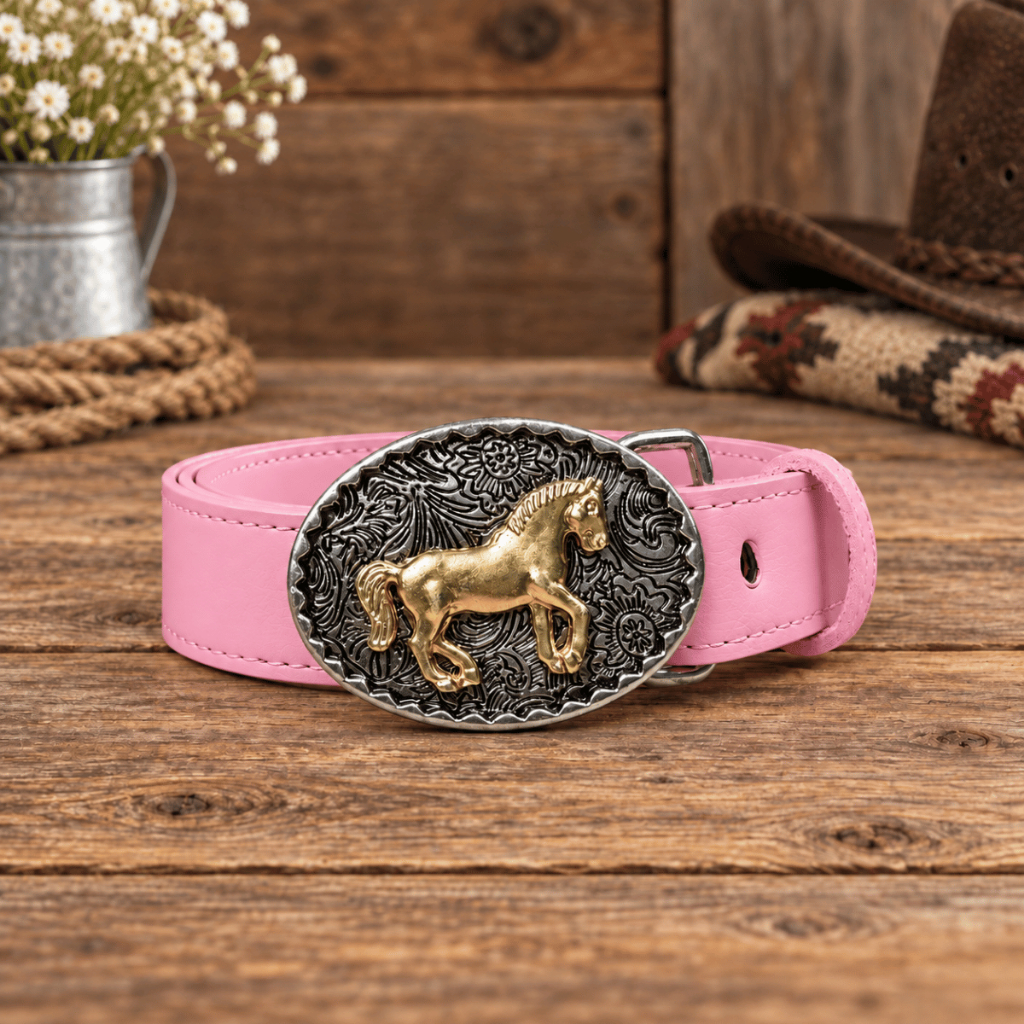 Cinto Infantil Feminino Country Rosa Bebê Cowgirl com Fivela Cavalo