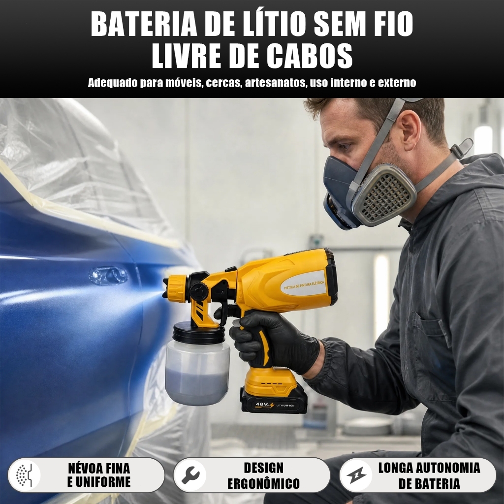 Pistola de Pintura Sem Fio 48V HVLP com Bateria de Lítio – 3 Padrões de Jato, 800ml, 500W