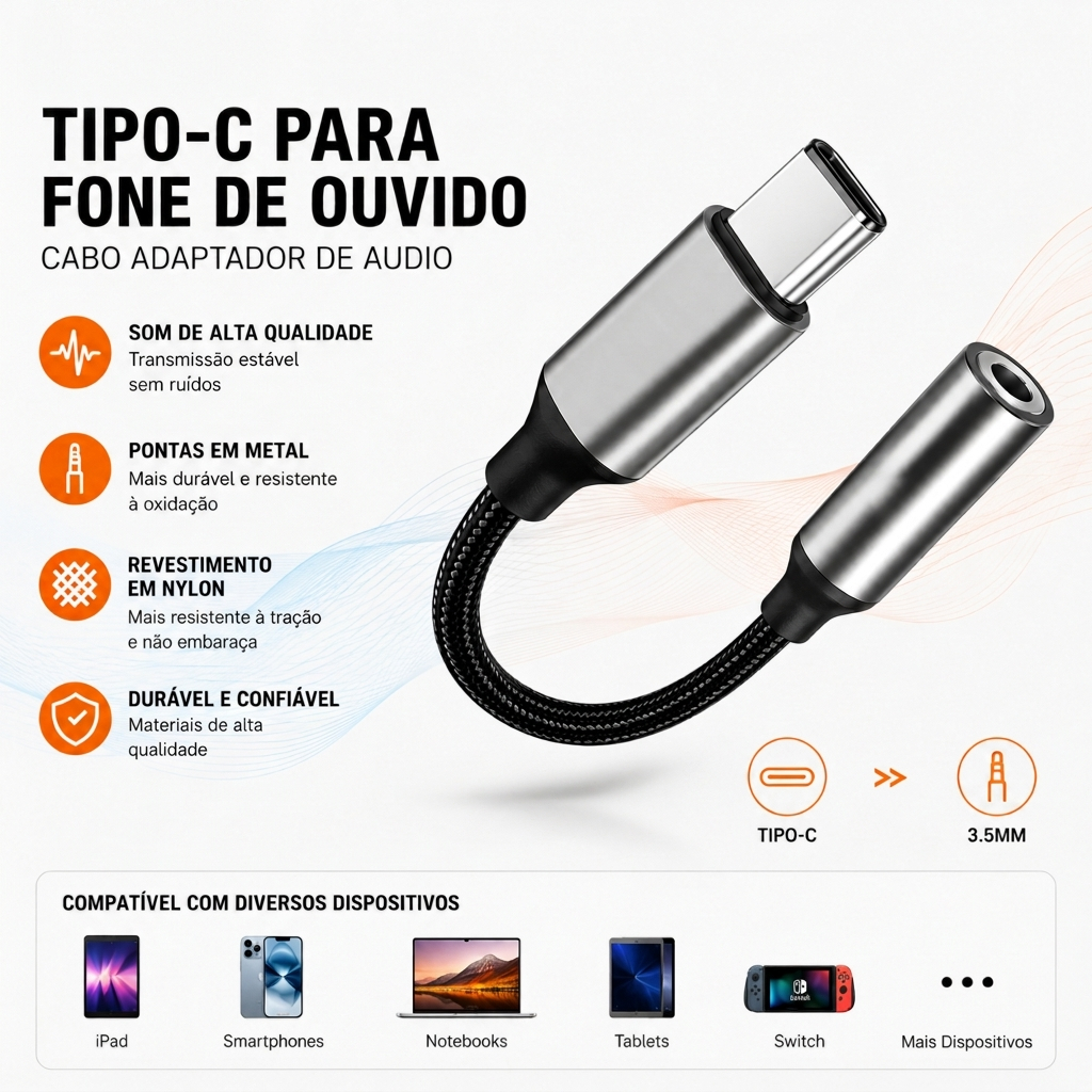 Adaptador USB-C para Fone de Ouvido P2 3.5mm com DAC Áudio HD – Compatível com Android Tipo C