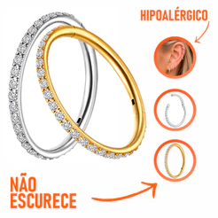 Piercing Argola Click com Zircônia em Aço Cirúrgico, Orelha, Nariz e Septo, Prata/Dourado