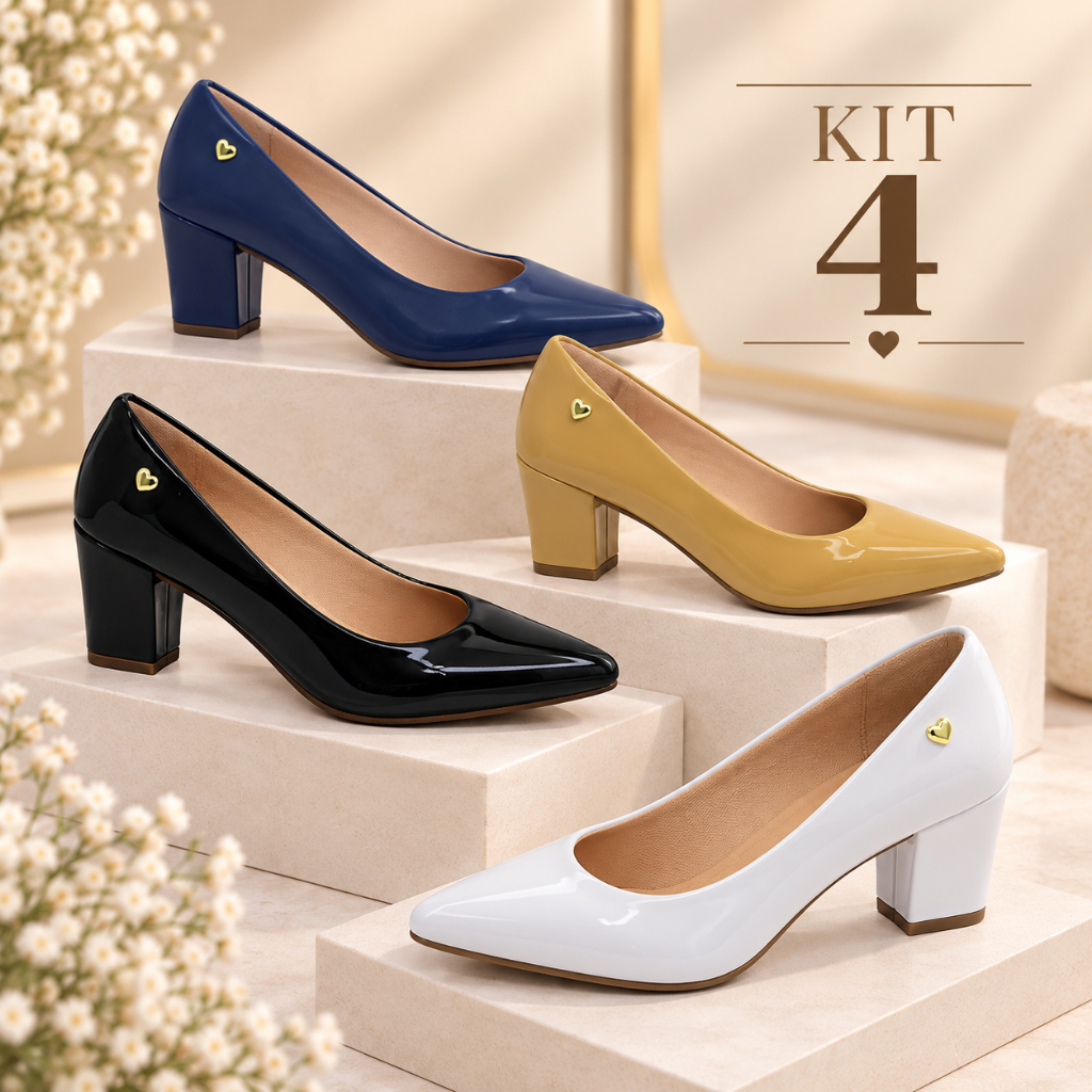 Kit 4 Pares Sapato Scarpin Feminino Salto Grosso Casual Figueiroa K048212