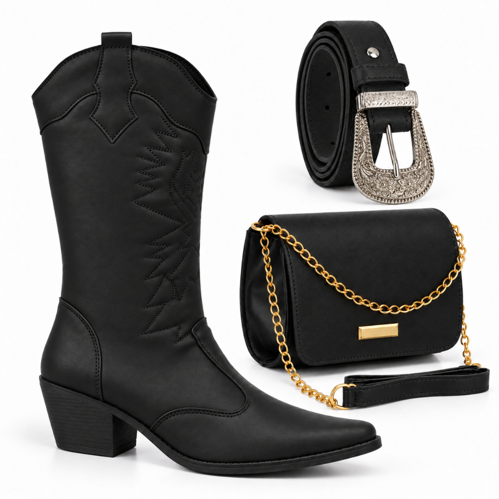 Bota Bordada Feminina Texana Country Bico Fino Salto Médio + Cinto Rodeio + Bolsa Elegante