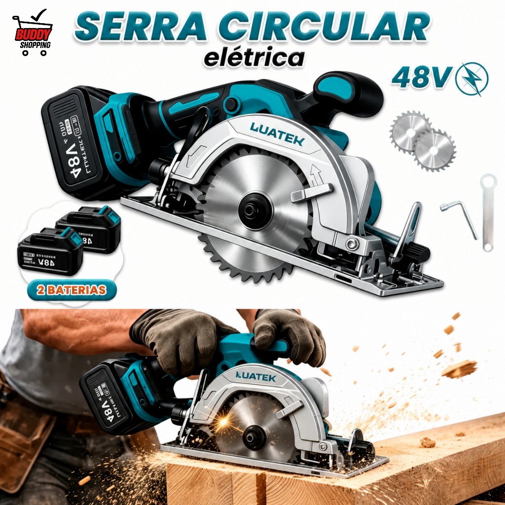 Serra Circular 48v Sem Fio 125mm 2 Baterias Corte 45° Disco Luatek LWJ-604