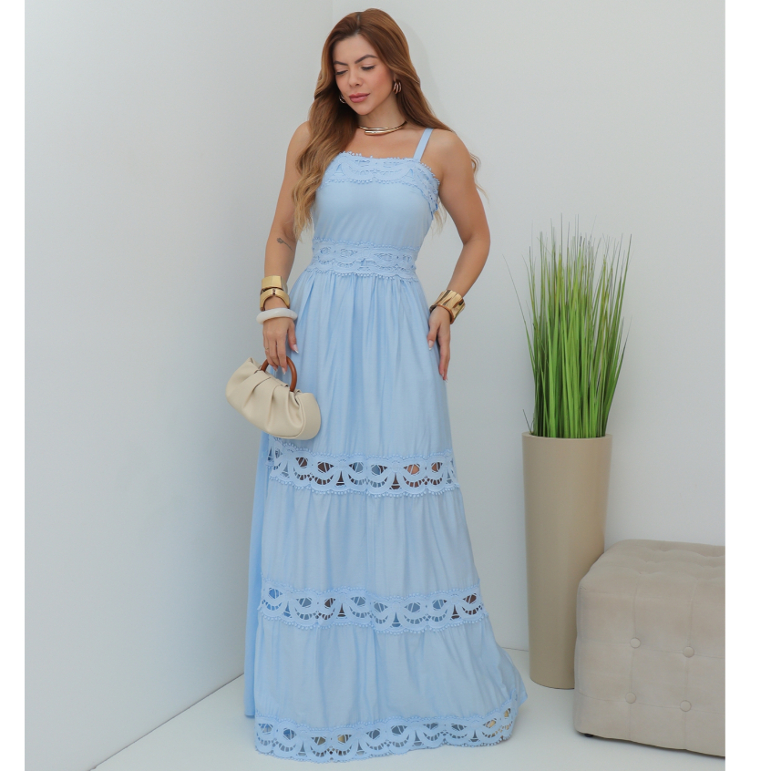 Vestido Longo Feminino de Alça com Renda Guipir Cintura Marcada Elegante Verão SD4207