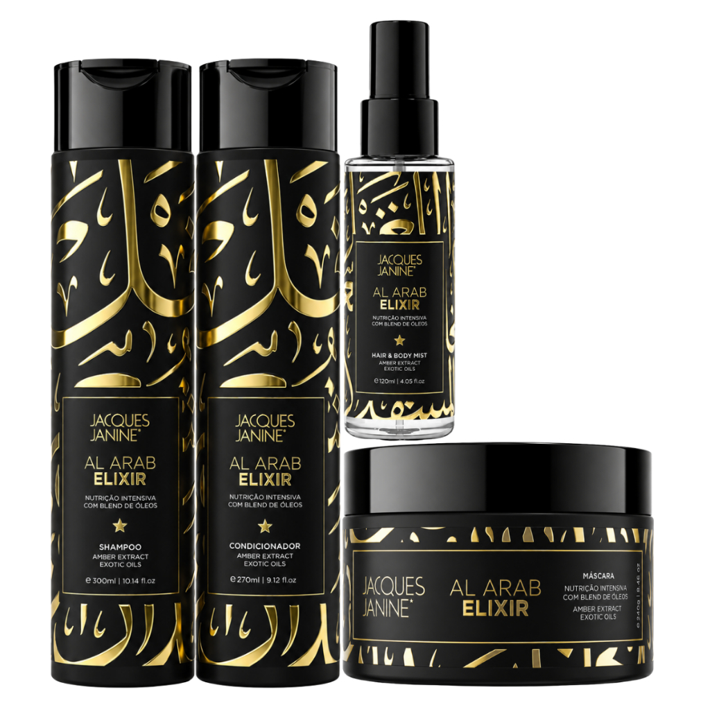 Kit Jacques Janine Al Arab Elixir Shampoo 300ml Condicionador 270ml Máscara 240g Spray Hair & Body 120ml