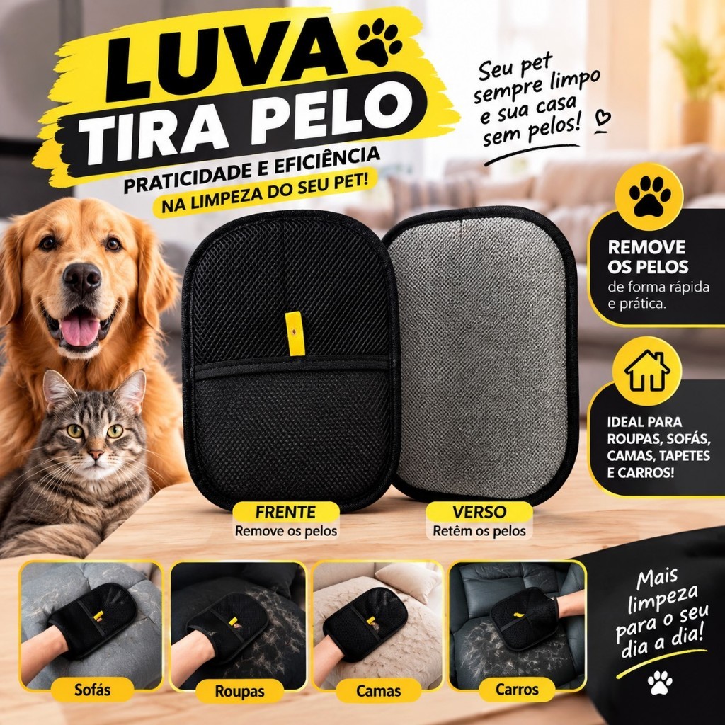 Luva Tira Pelo Pet Cães  Gatos Removedor de Pelos para Sofa Roupas Tapetes e Estofados Fácil uso
