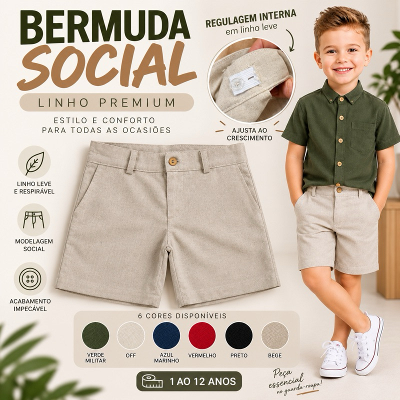 Bermuda Infantil Menino Social em Linho | Tecido elegante e leve