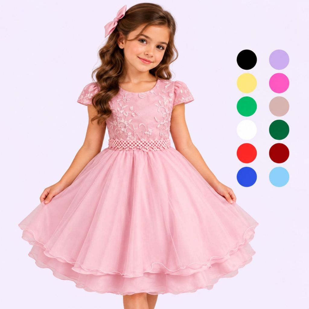 Vestido Infantil Festa Bordado Com Cinto De Pérola Luxuoso Curto
