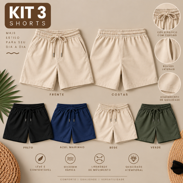 Kit 3 Shorts de Tactel Com Elastano Masculino Básico Liso Moda Praia do G1 ao G6